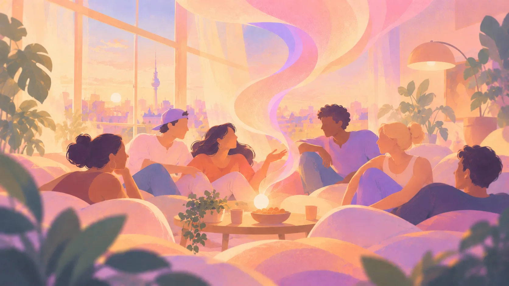 friends on a sunset lounge, gathered on cushions around a glowing flare with the city through the window