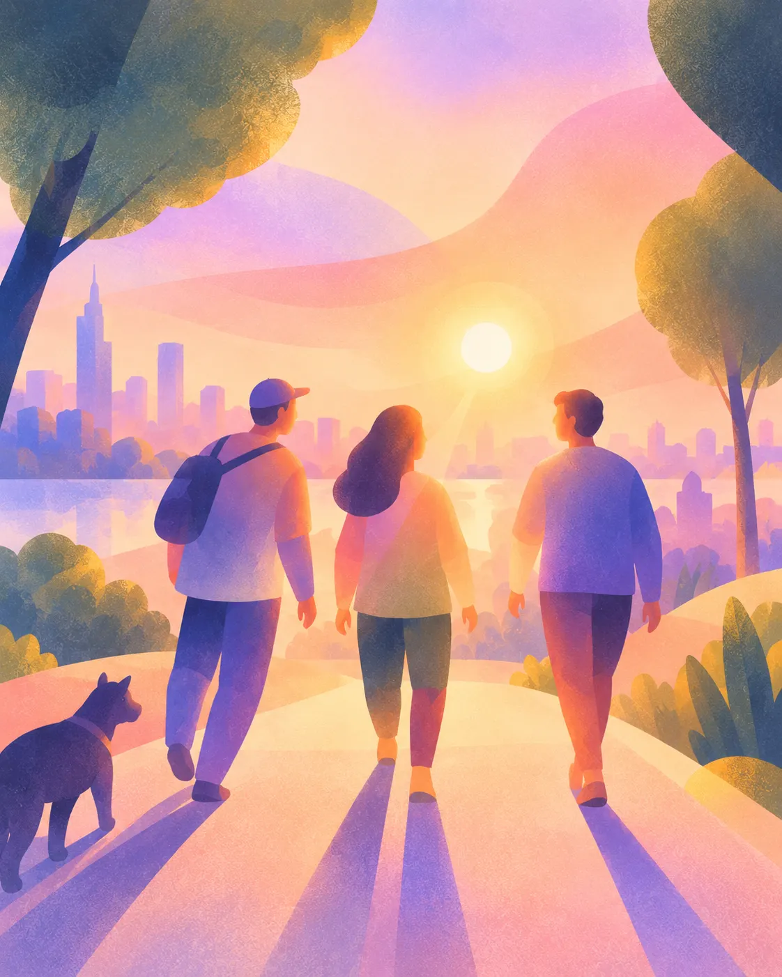 three friends and a dog walking along the river towards the sun